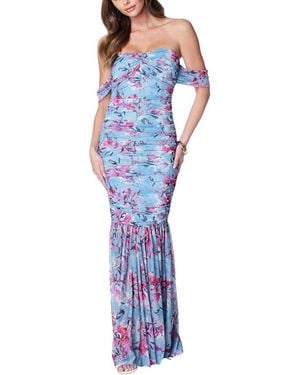 Bebe Off-Shoulder Mesh Gown - Blue