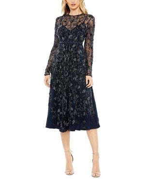 Mac Duggal Beaded Illusion High Neck A-Line Dress - Blue