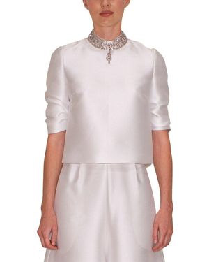 Reem Acra Half-Sleeve Jewelled Neckline Top - White
