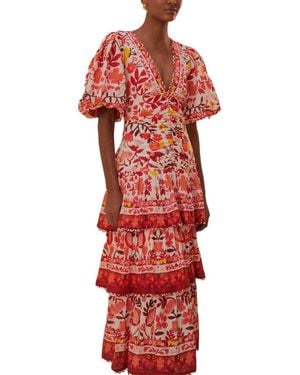 FARM Rio Romantic Orchard Off- Short Sleeve Midi Dress - Red