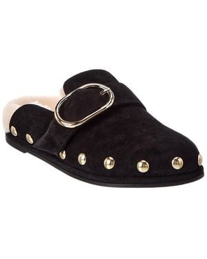 Stuart Weitzman Studded Suede & Shearling Mule - Black