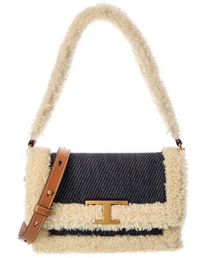Tod's Tods T Timeless Denim & Shearling Shoulder Bag - Blue