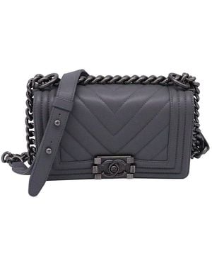 CHANEL Grey Calfskin Leather Small Boy Flap Shoulder Bag (authentic Pre-loved) - Black