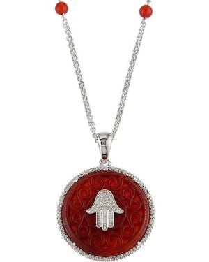 Gemstones Silver 0.11 Ct. Tw. Diamond Hamsa Necklace - Red