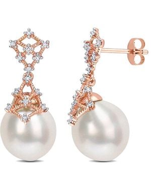 Rina Limor Contemporary Pearls 14k Rose Gold 0.14 Ct. Tw. Diamond 9-10mm Pearl Filigree Drop Earrings - Multicolor
