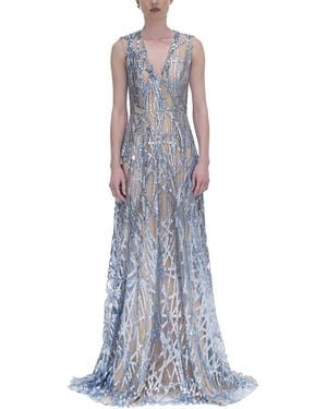 Reem Acra V-Neck Silk Gown - Blue