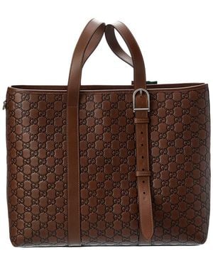 Gucci Gg Emblem Leather Tote - Brown