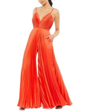 Mac Duggal Pleated Plunge Neck Wide Leg Jumpsuit - Red