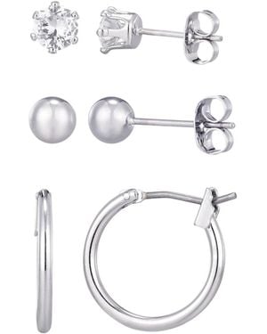 Adornia Plated Hoop, Solitaire & Ball Stud Earrings Set - White