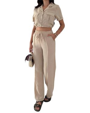 WELLWAY 2Pc Linen Blouse & Pant Set - Natural