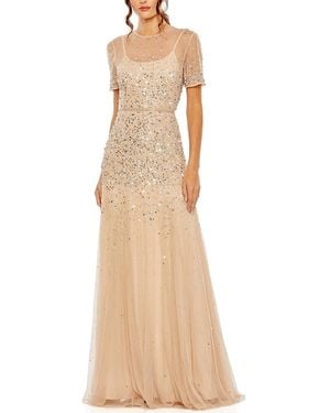 Mac Duggal High Neck Sequin Embellished A-Line Gown - Natural