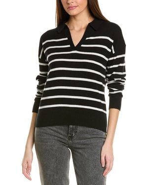 Amicale Cashmere Striped V-Neck Johnny Collar Cashmere Sweater - Black