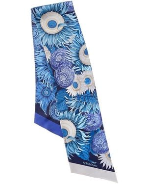 Ferragamo Sunflower Print Silk Scarf - Blue