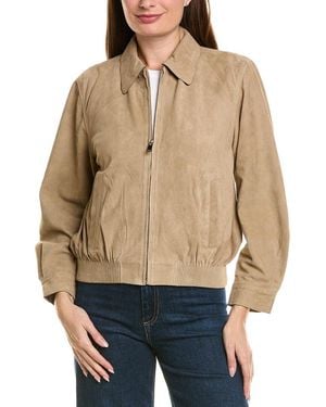 Neiman Marcus Zip Up Collared Suede Jacket - Natural