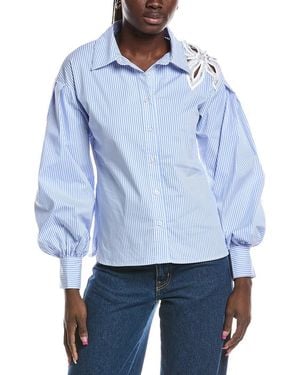 Gracia Embroidered Stripe Wrap Style Puff Sleeve Top - Blue
