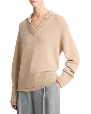 Vince Collared Double Layer Wool & Cashmere-Blend Pullover - Natural