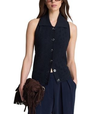 Kenneth Cole Texture Stitch Button Up Halter Top - Blue