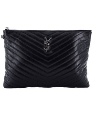 Saint Laurent Matelasse Chevron Leather Classic Monogram Wristlet Pouch Medium (Authentic Pre-Loved) - Black