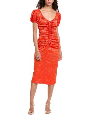 Ganni Crinkled Satin Gathered U-Neck Midi Dress