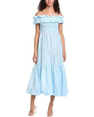 Ganni Seersucker Check Smocked Maxi Dress - Blue