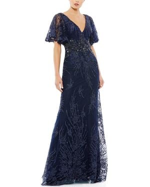 Mac Duggal Embellished Illusion Butterfly Sleeve A-Line Gown - Blue