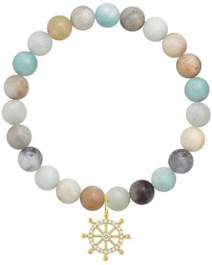 Liv Oliver 18K Plated 65.20 Ct. Tw. Amazonite Nautical Anchor Charm Beaded Stretch Bracelet - Metallic