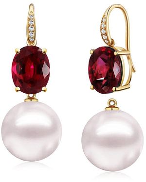 Kai Fine Jewelry 14K 7.45 Ct. Tw. Diamond & Garnet & 12-13Mm Pearl Drop Earrings - Red
