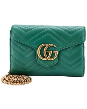 Gucci Matelasse Leather Gg Marmont Chain Wallet Mini (Authentic Pre- Loved) - Green