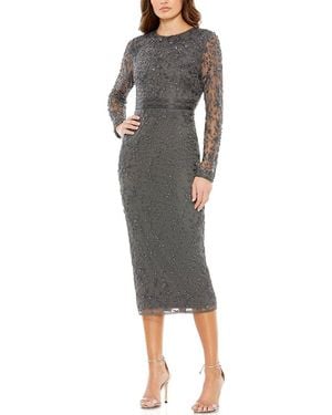 Mac Duggal Beaded Tea Length Sheath With Sheer Sleeves - Gray
