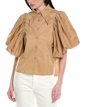 Avantlook Lantern Sleeve Button Front Top - Brown