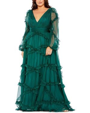 Mac Duggal V Neck Ruffle Tiered Puff Sleeve Gown - Green