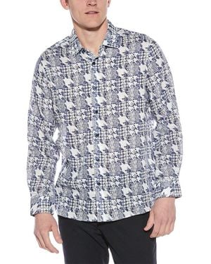 RAFFI Houndstooth Print Linen Shirt - Blue