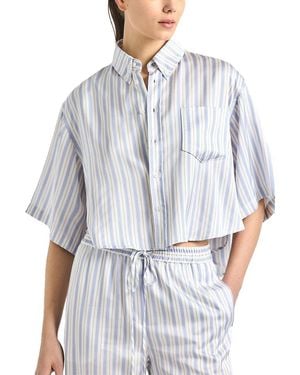 10 Crosby Derek Lam Ember Striped Satin Twill Crop Button Down Shirt - Blue