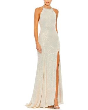 Mac Duggal Sequined High-Neck Rhinestone Trim Column Gown - White