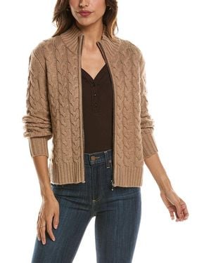 Forte Cable Zip Mock Neck 100% Cashmere Cardigan - Brown