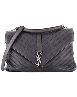 Saint Laurent Matelasse Chevron Leather Classic Monogram College Bag Large (Authentic Pre-Loved) - Gray