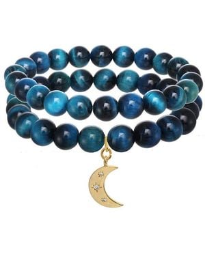 Rachel Reinhardt Jewelry 14k Plated Cat's Eye Cz Moon Pendant Bracelet - Blue