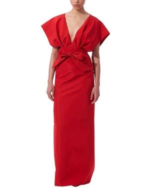 Carolina Herrera V-Neck Fan Bodice Silk Column Gown - Red