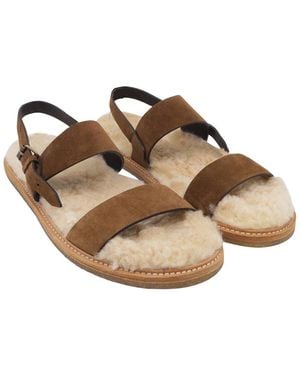 Saint Laurent Suede Shearling-Lined Slingback Sandal (Authentic Pre- Loved) - Brown