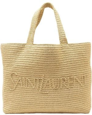 Saint Laurent Beige Raffia Logo Tote (authentic Pre-loved) - Natural