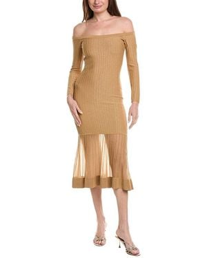 MILLY Rudy Off The Shoulder Sheer Knit Midi Dress - Natural