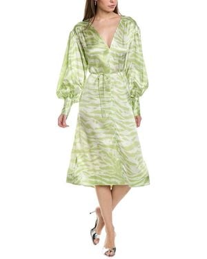 Ganni Drop-shoulder V-neck Silk-blend Maxi Dress - Green