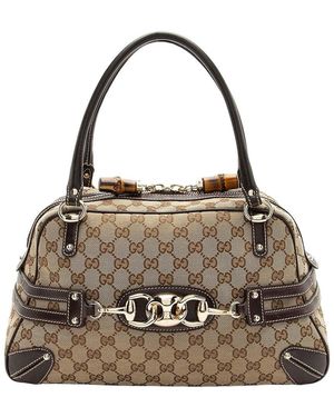 Gucci Beige Gg Canvas Bamboo Horsebit Wave Satchel (authentic Pre-loved) - Brown