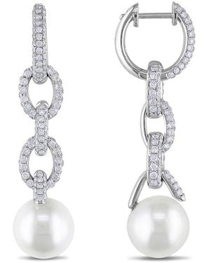 Rina Limor 14k 1.76 Ct. Tw. Diamond 10-10.5mm Pearl Huggie Earrings - White