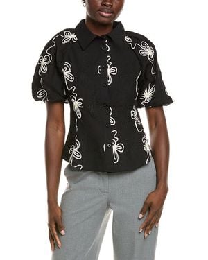Gracia Flower Stitch Puff Sleeve Shirt - Black