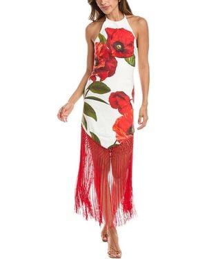 Alice + Olivia Mallory Halter Neck Fringe Hem Linen-Blend Midi Dress - Red