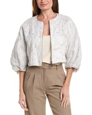 Lafayette 148 New York Short Balloon Sleeve Zip Front Silk-Blend Jacket - White