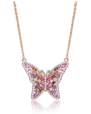 Genevive Jewelry Two-tone Over Silver Cz Butterfly Necklace - Pink