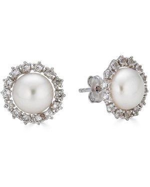 Belpearl Silver 9.5-9mm Freshwater Pearl Cz Earrings - Metallic