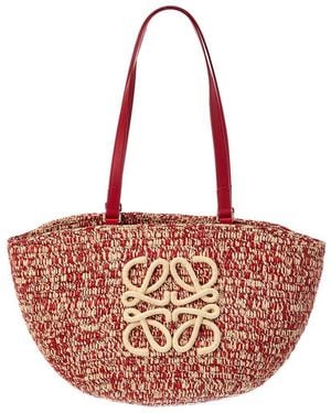 Loewe Logo Raffia & Leather Tote - Red
